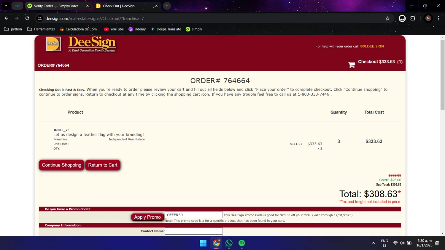 Dee Sign promo code screenshot showing code OFFER50 applied at Dee Sign checkout page. Uploaded by SimplyCodes community member Maocar on Jan 16, 2025