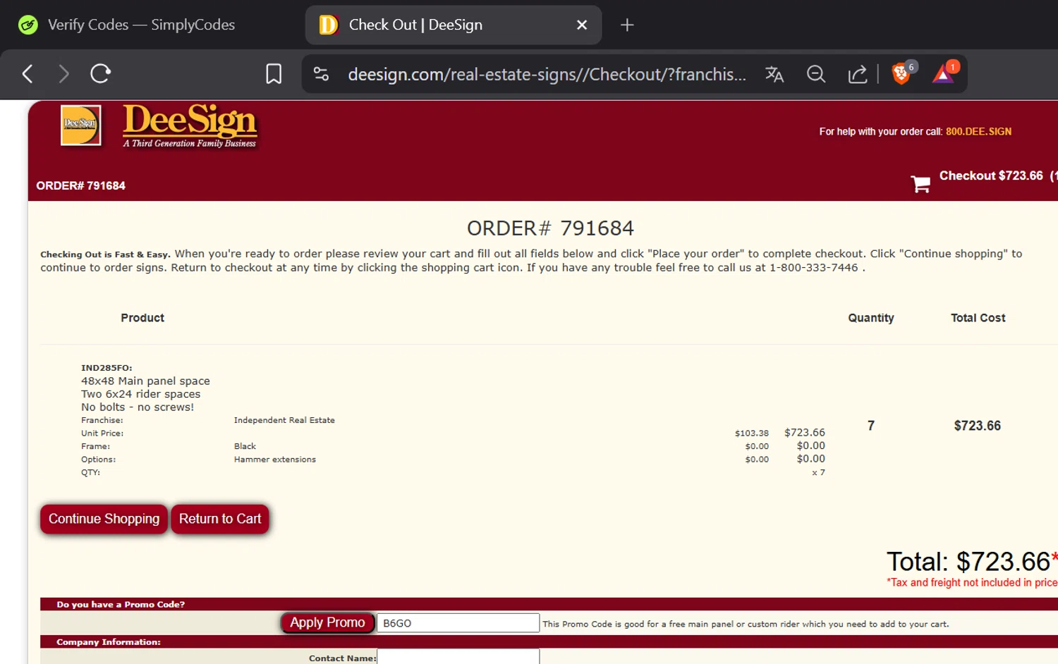 Dee Sign promo code screenshot showing code B6GO applied at Dee Sign checkout page. Uploaded by SimplyCodes community member DORIANGEL on Dec 18, 2025