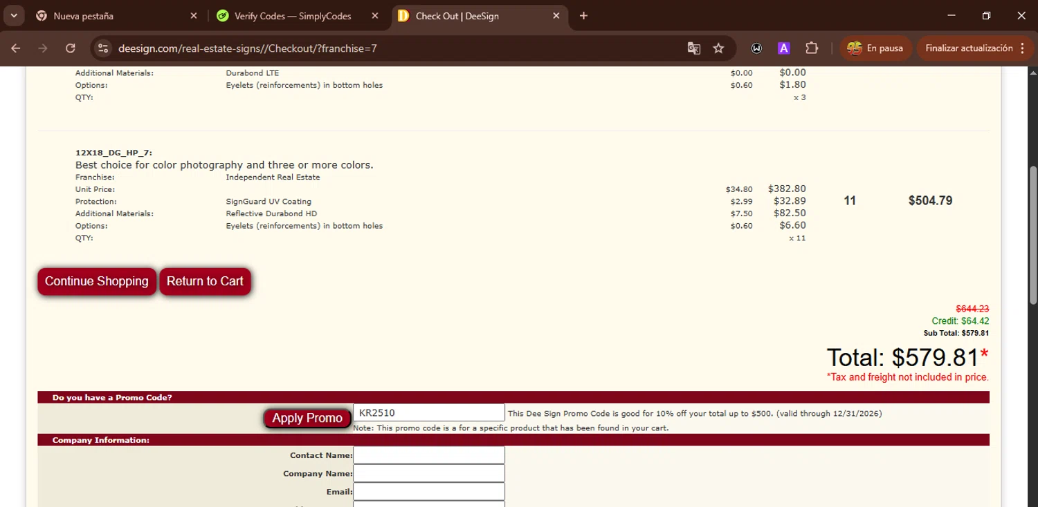 Dee Sign checkout page showing Dee Sign promo code box | Screenshot taken by SimplyCodes community member on Feb 1, 2026