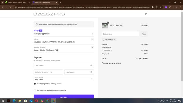 Deesse Pro checkout page showing Deesse Pro promo code box | Screenshot taken by SimplyCodes community member on Feb 21, 2025