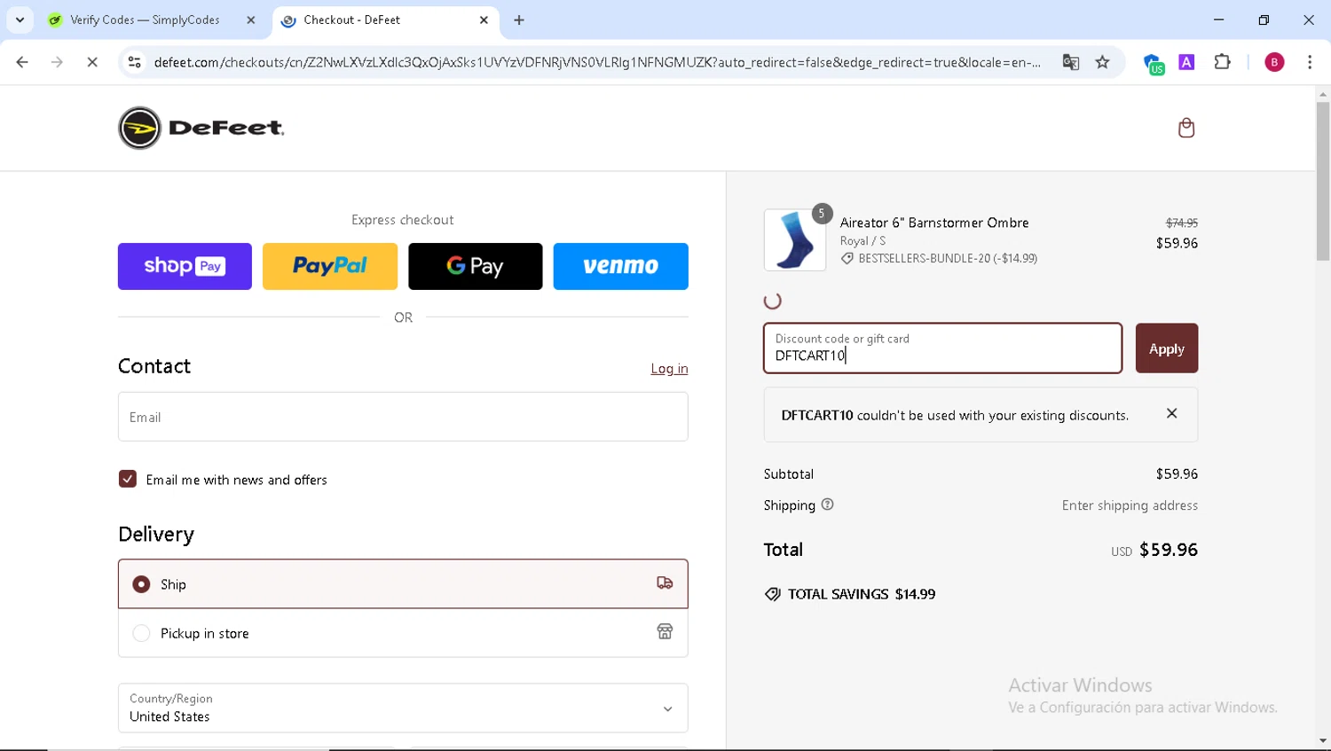 DeFeet discount code screenshot showing code DFTCART10 applied at DeFeet checkout page. Uploaded by SimplyCodes community member VictoriousSentinel9543 on Feb 3, 2025