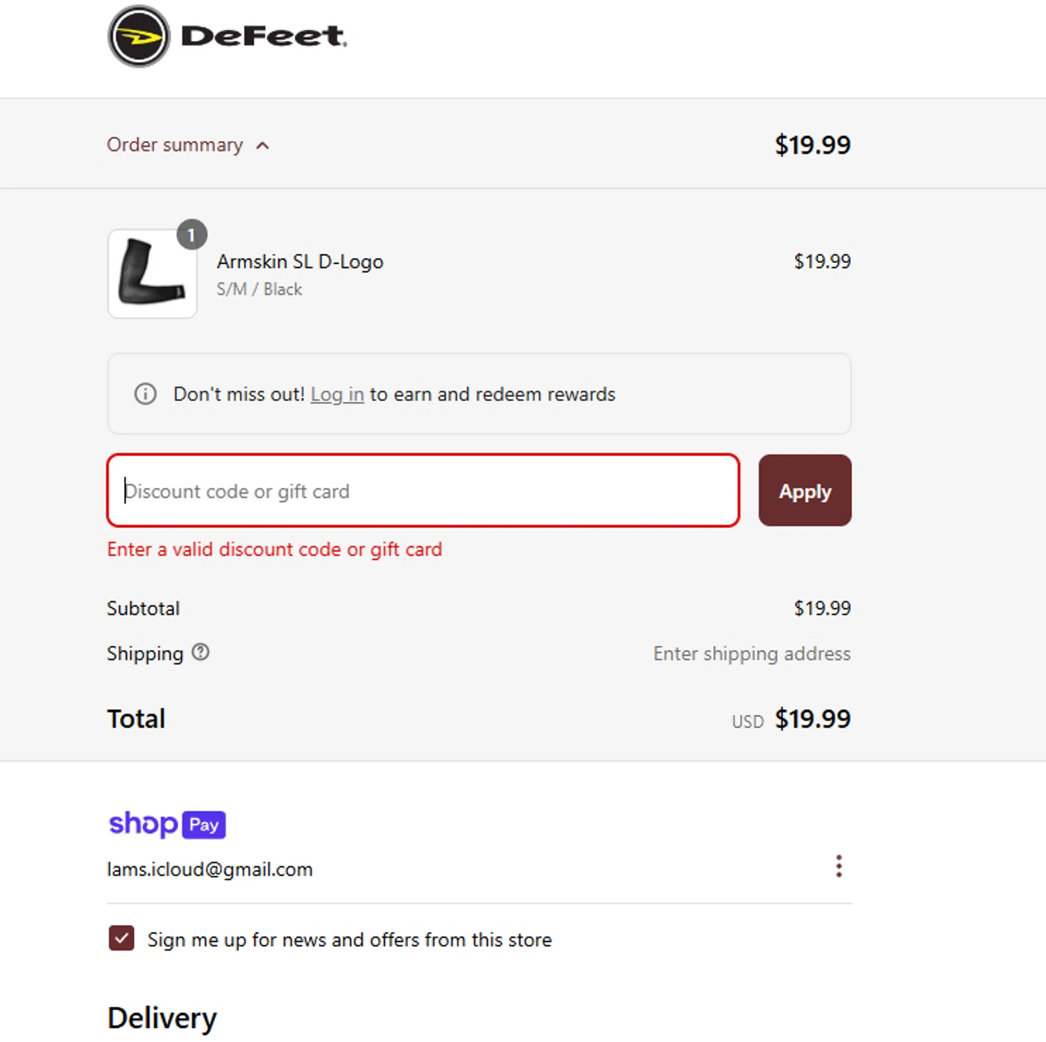 DeFeet discount code screenshot showing code SMSWELCOME-15 applied at DeFeet checkout page. Uploaded by SimplyCodes community member eviiii on Apr 24, 2025