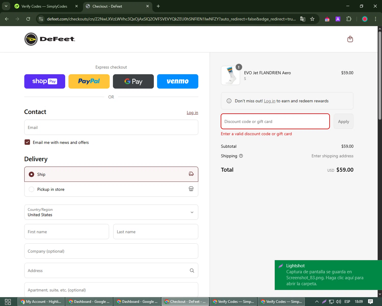 DeFeet discount code screenshot showing code TRYDEFEET20 applied at DeFeet checkout page. Uploaded by SimplyCodes community member Michael_Brown on May 1, 2025