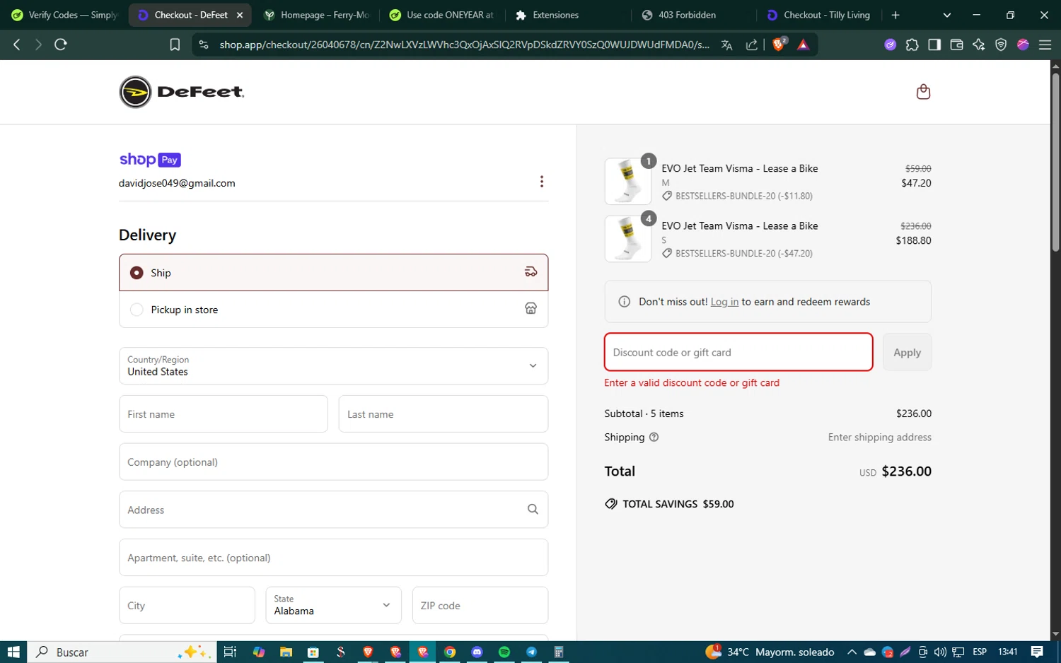 DeFeet discount code screenshot showing code TRYDEFEET20 applied at DeFeet checkout page. Uploaded by SimplyCodes community member SmartSaver5448 on May 1, 2025