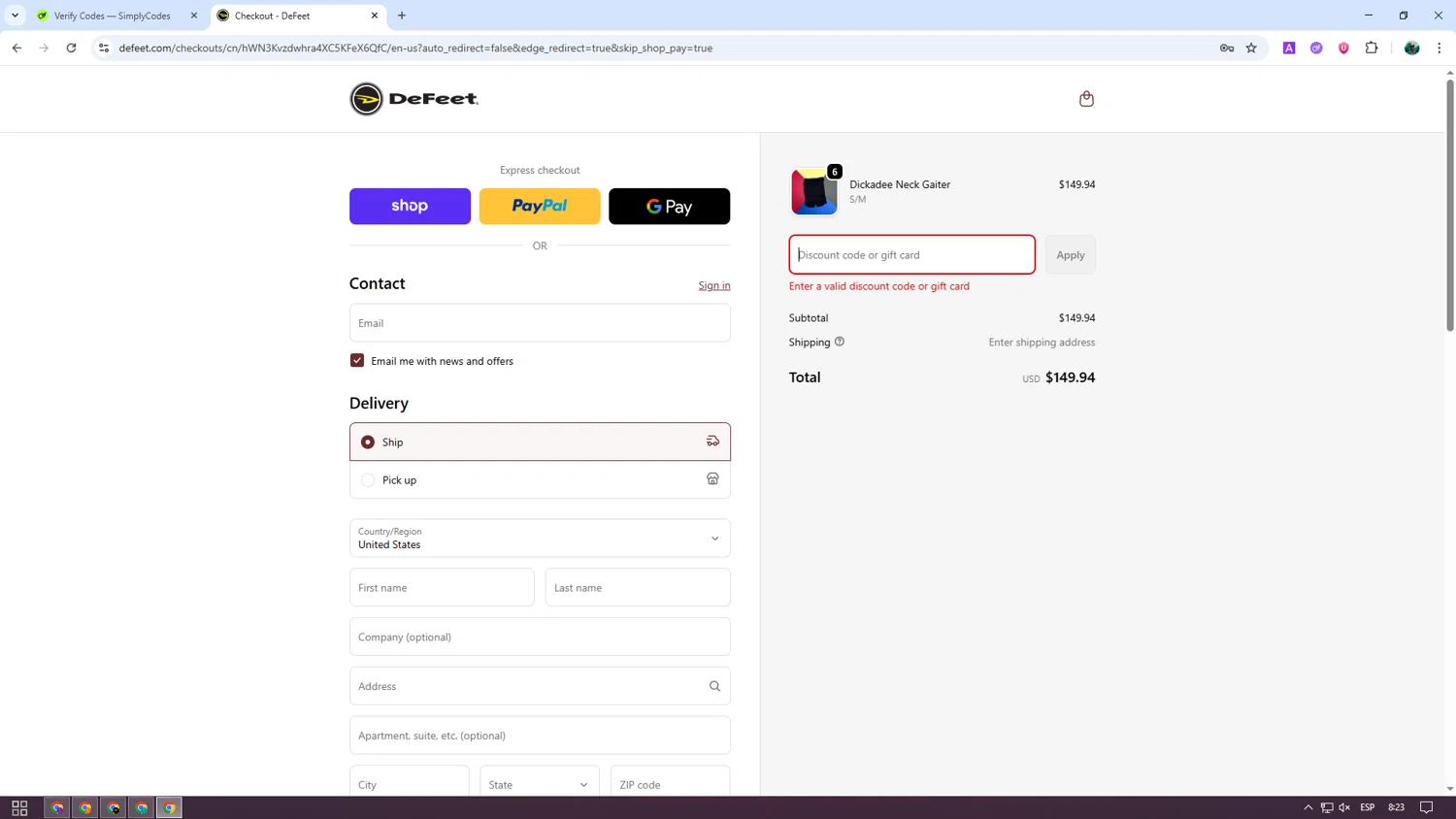 DeFeet discount code screenshot showing code COMEBACK20 applied at DeFeet checkout page. Uploaded by SimplyCodes community member neurioandrades on Sep 24, 2025