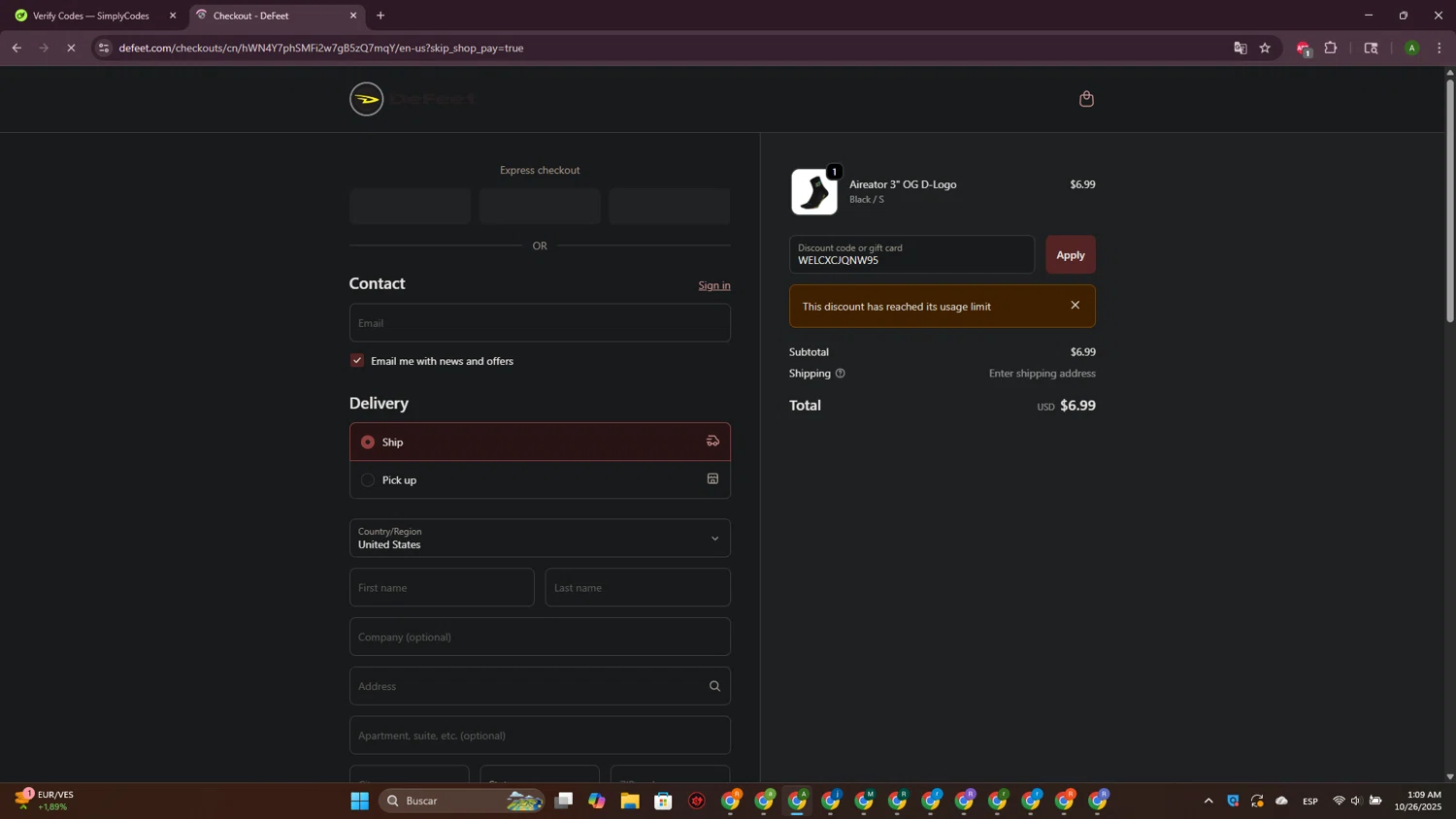 DeFeet discount code screenshot showing code WELCXCJQNW95 applied at DeFeet checkout page. Uploaded by SimplyCodes community member CrownPioneer7057 on Oct 26, 2025