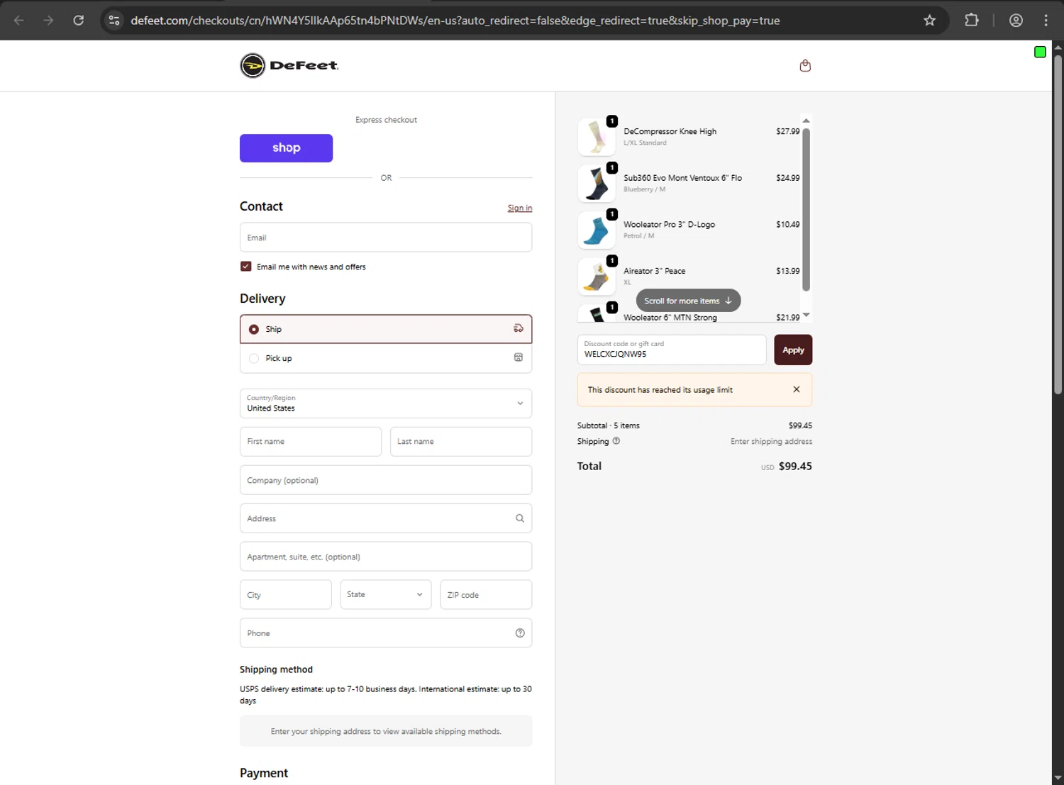 DeFeet discount code screenshot showing code WELCXCJQNW95 applied at DeFeet checkout page. Uploaded by SimplyCodes community member VictoriousDefender1681 on Oct 26, 2025