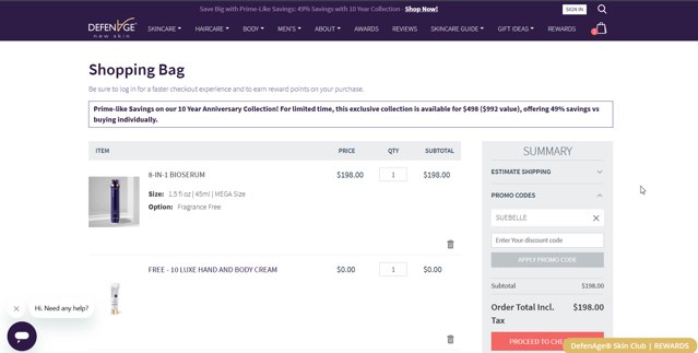 DefenAge checkout page showing DefenAge promo code box | Screenshot taken by SimplyCodes community member on Jul 10, 2025