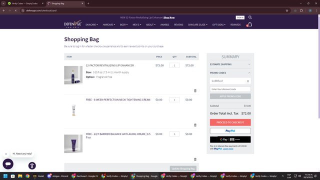 DefenAge checkout page showing DefenAge promo code box | Screenshot taken by SimplyCodes community member on Mar 28, 2025