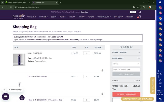 DefenAge checkout page showing DefenAge promo code box | Screenshot taken by SimplyCodes community member on Mar 11, 2025