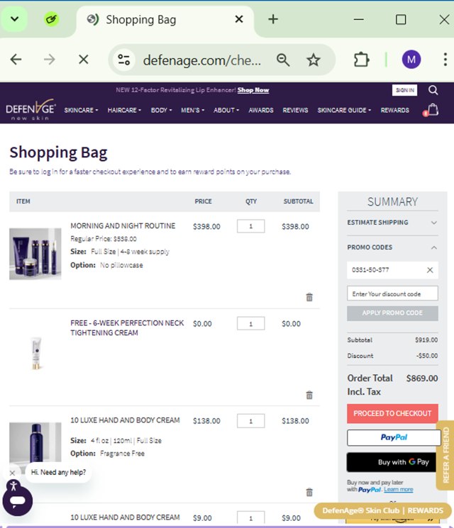 DefenAge checkout page showing DefenAge promo code box | Screenshot taken by SimplyCodes community member on Mar 31, 2025