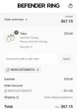 NEWCUSTOMER15 coupon verification screenshot