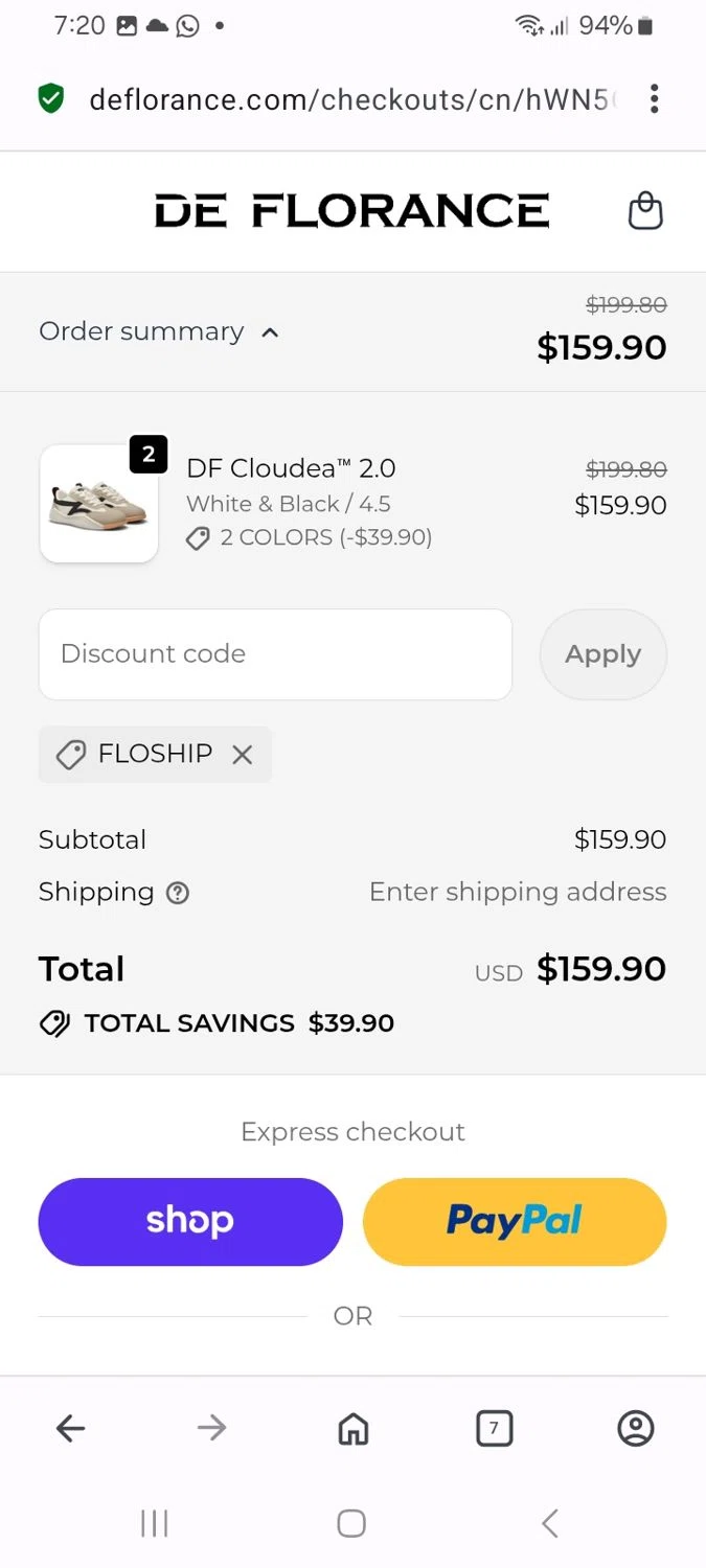 Deflorance discount code screenshot showing code FLOSHIP applied at Deflorance checkout page. Uploaded by SimplyCodes community member MoneyMaven5115 on Nov 18, 2025