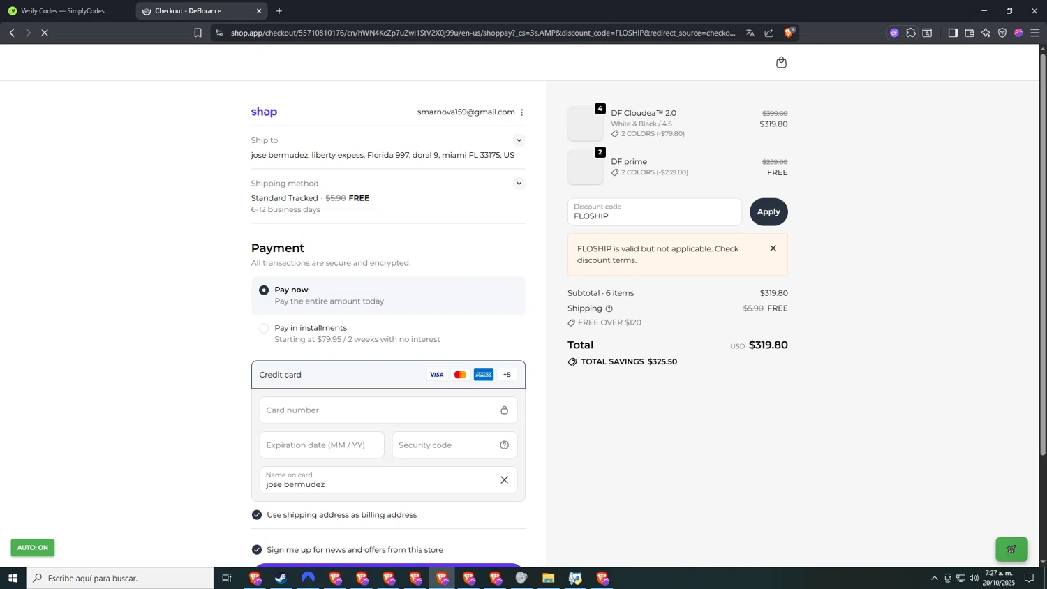 Deflorance discount code screenshot showing code FLOSHIP applied at Deflorance checkout page. Uploaded by SimplyCodes community member VictoriousDefender7352 on Oct 20, 2025