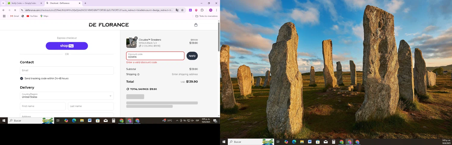 Deflorance discount code screenshot showing code KDM1N applied at Deflorance checkout page. Uploaded by SimplyCodes community member BudgetMonarch8952 on Jun 10, 2025