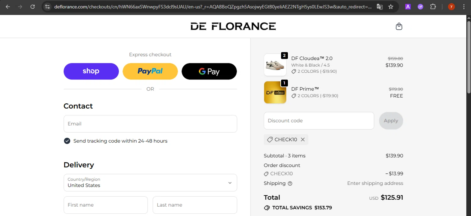 Deflorance discount code screenshot showing code CHECK10 applied at Deflorance checkout page. Uploaded by SimplyCodes community member CrownTiger7501 on Dec 6, 2025