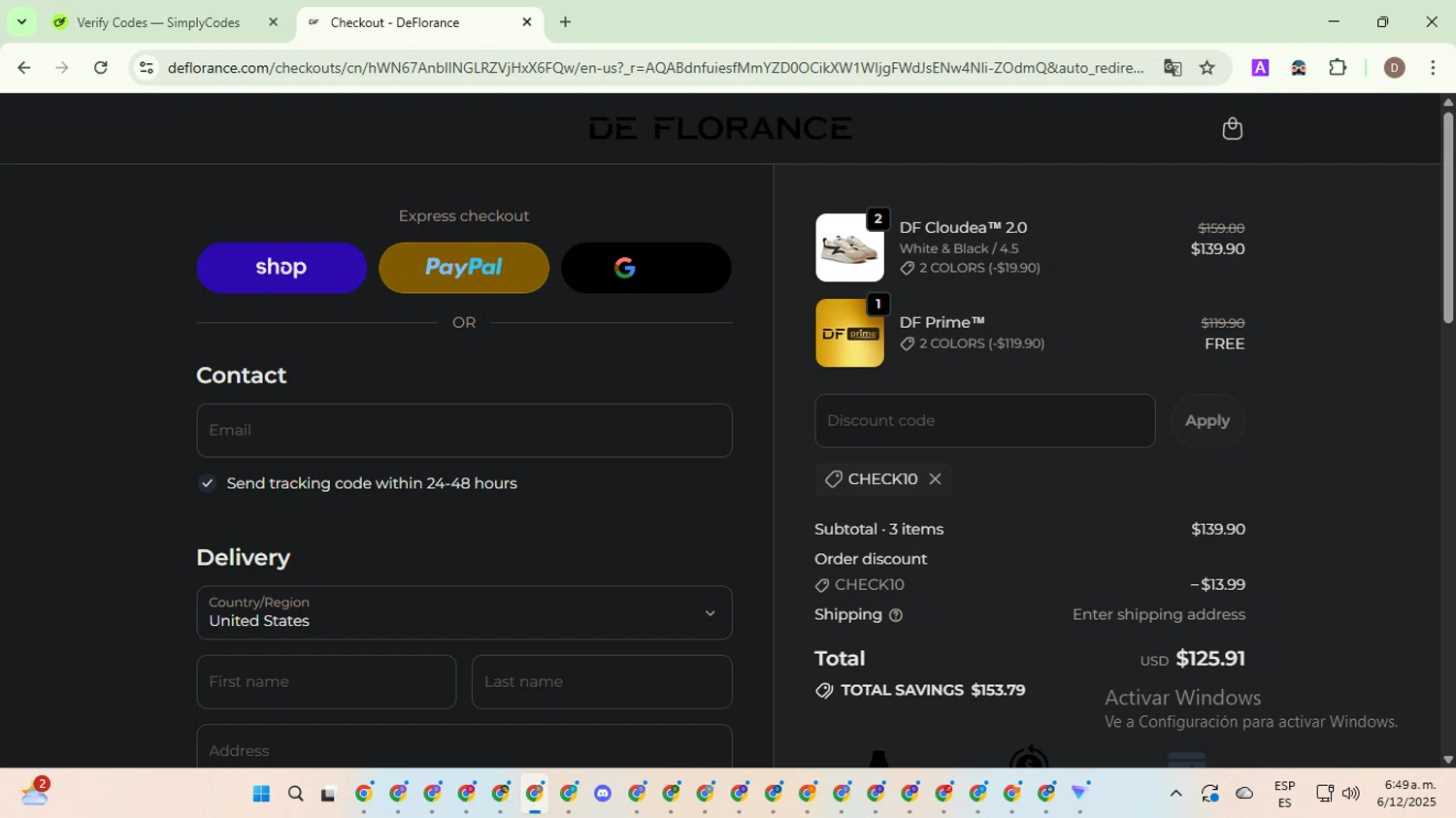 Deflorance discount code screenshot showing code CHECK10 applied at Deflorance checkout page. Uploaded by SimplyCodes community member NobleWarden6764 on Dec 6, 2025
