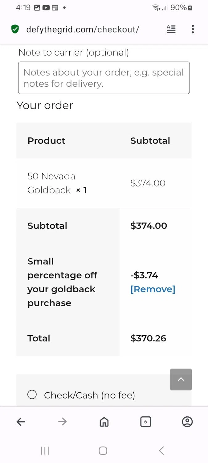 Defythegrid.com coupon code screenshot showing code goldback applied at Defythegrid.com checkout page. Uploaded by SimplyCodes community member MoneyMaven5115 on Sep 28, 2025