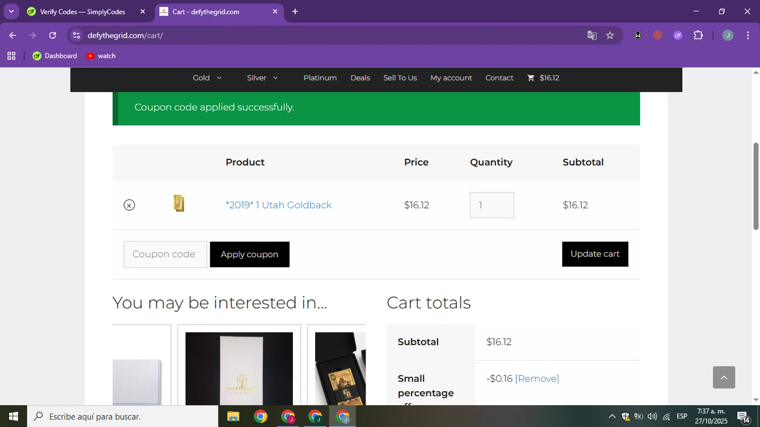 Defythegrid.com coupon code screenshot showing code goldback applied at Defythegrid.com checkout page. Uploaded by SimplyCodes community member ShieldSpotter3995 on Oct 27, 2025