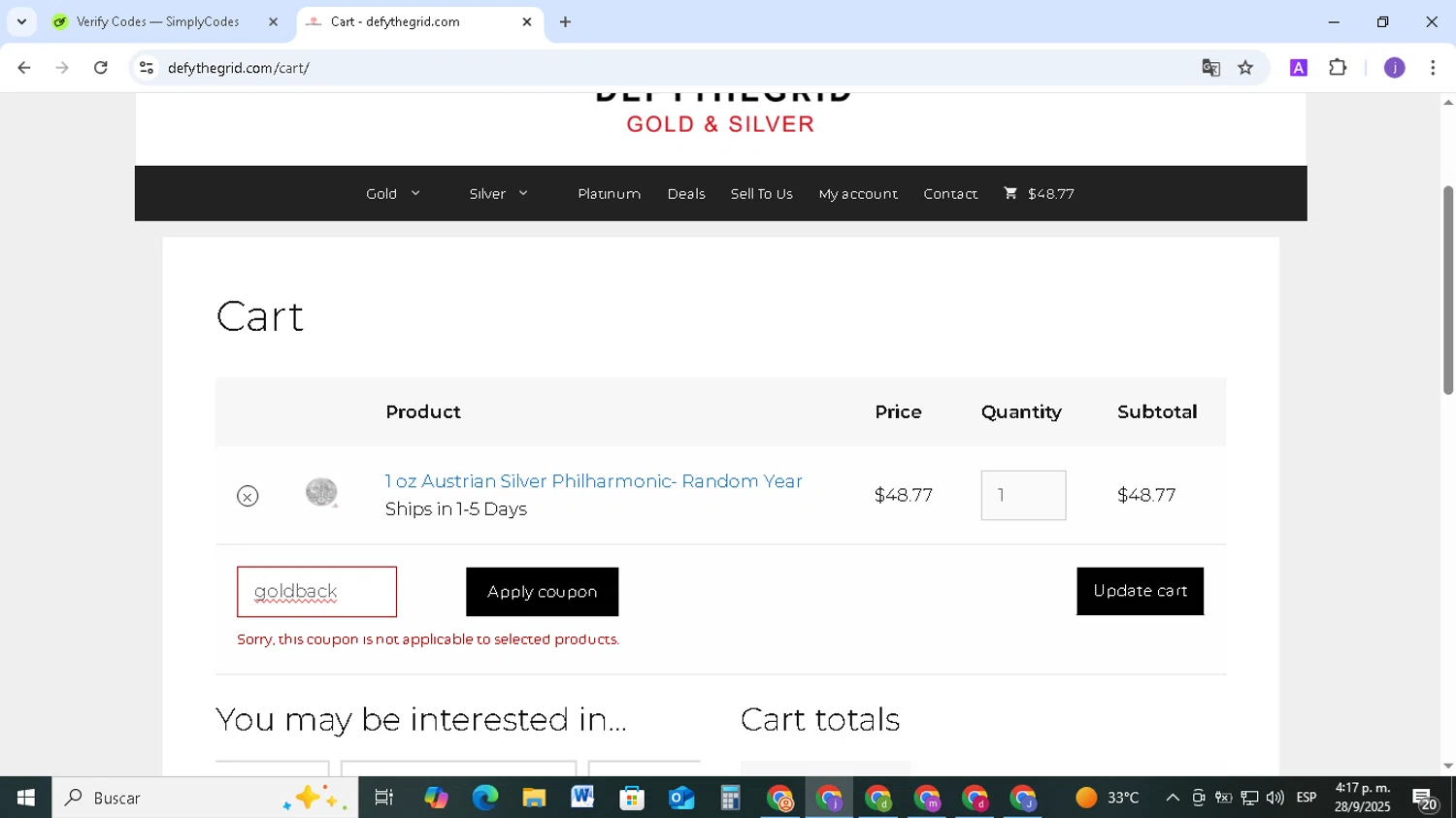Defythegrid.com coupon code screenshot showing code goldback applied at Defythegrid.com checkout page. Uploaded by SimplyCodes community member TAZ2024 on Sep 28, 2025