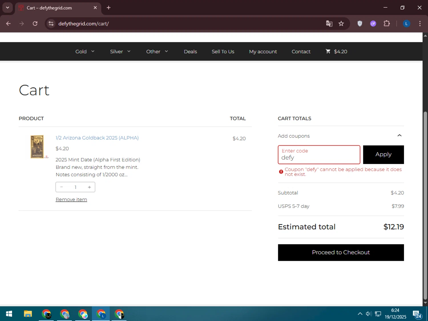 Defythegrid.com coupon code screenshot showing code defy applied at Defythegrid.com checkout page. Uploaded by SimplyCodes community member LegendaryLegend5536 on Dec 19, 2025