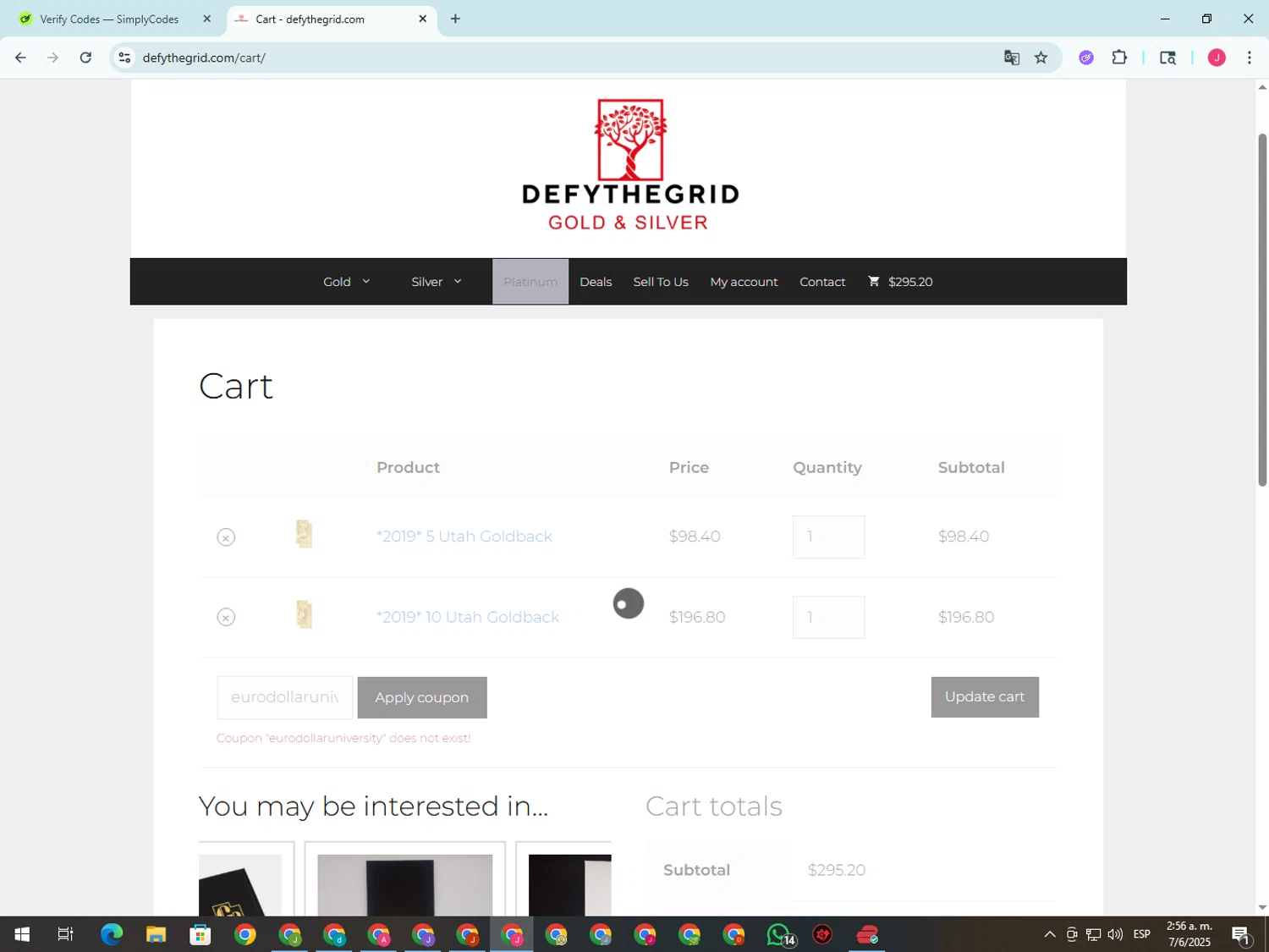 Defythegrid.com coupon code screenshot showing code eurodollaruniversity applied at Defythegrid.com checkout page. Uploaded by SimplyCodes community member CleverShopper2101 on Jun 7, 2025
