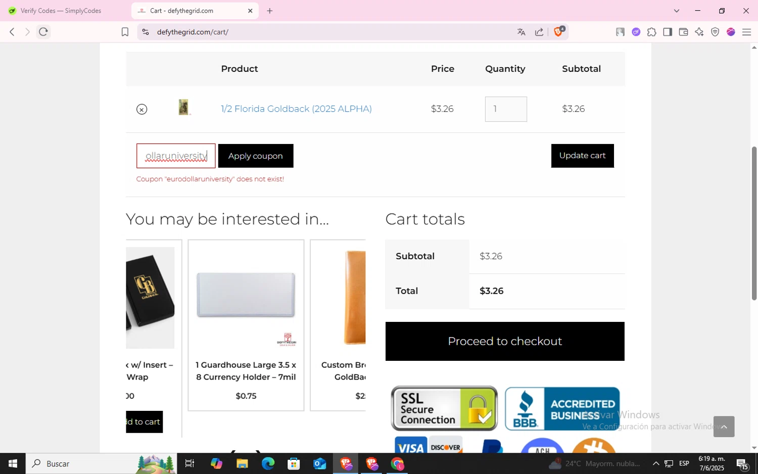 Defythegrid.com coupon code screenshot showing code eurodollaruniversity applied at Defythegrid.com checkout page. Uploaded by SimplyCodes community member CodeLynx5272 on Jun 7, 2025