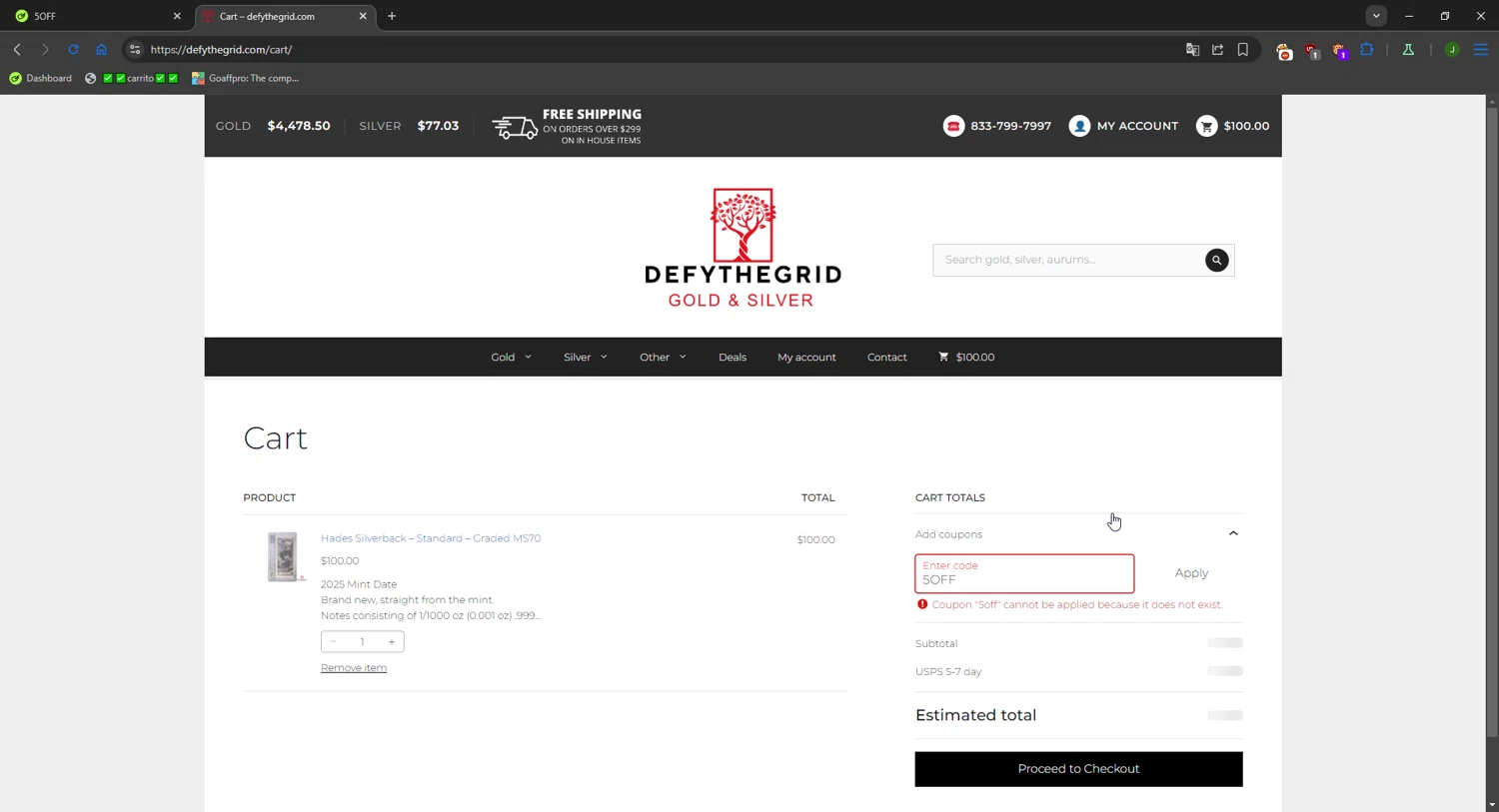 Defythegrid.com coupon code screenshot showing code 5OFF applied at Defythegrid.com checkout page. Uploaded by SimplyCodes community member FortunateWizard717 on Jan 8, 2026