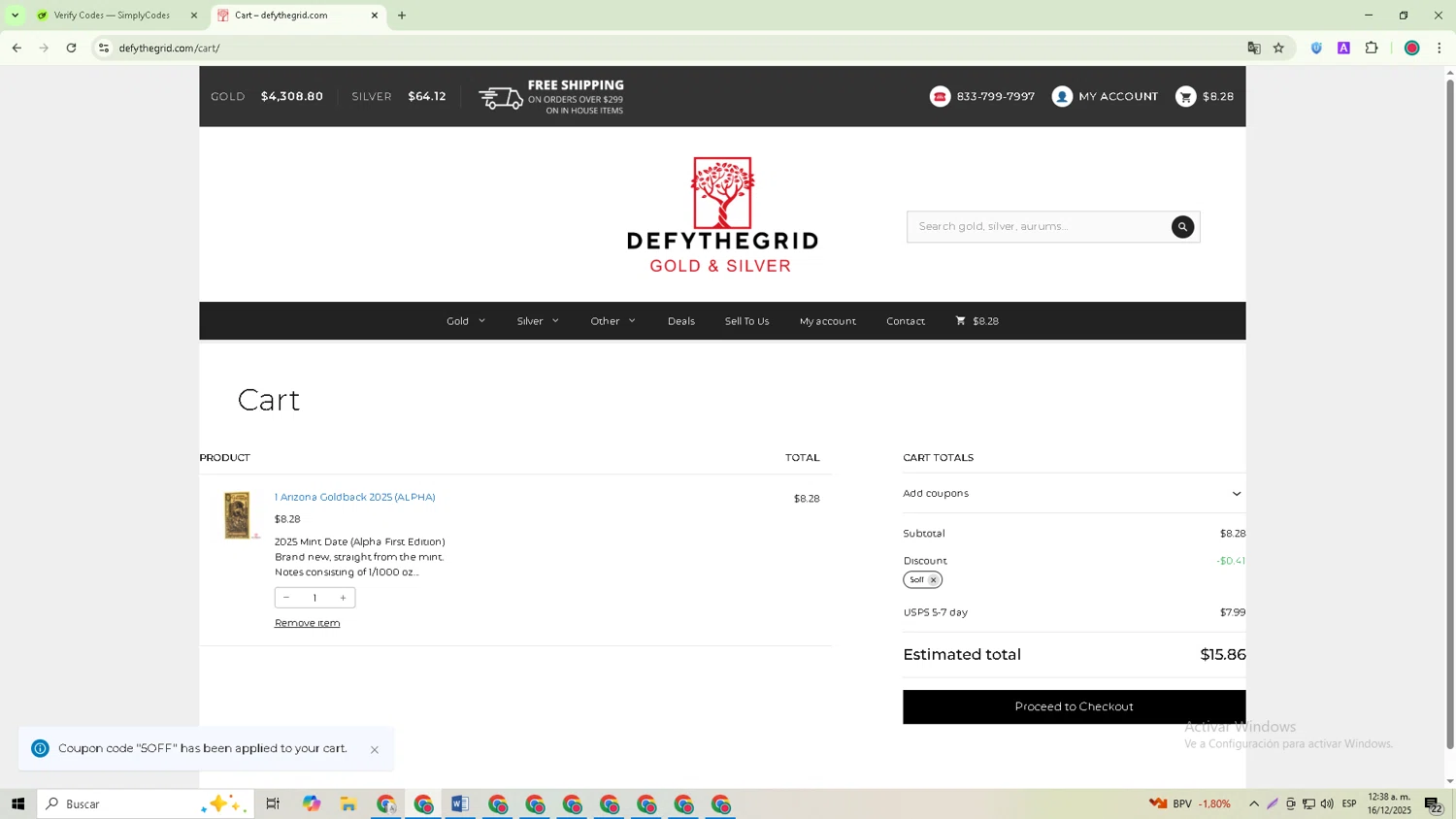 Defythegrid.com coupon code screenshot showing code 5OFF applied at Defythegrid.com checkout page. Uploaded by SimplyCodes community member GoldRanger7074 on Dec 15, 2025