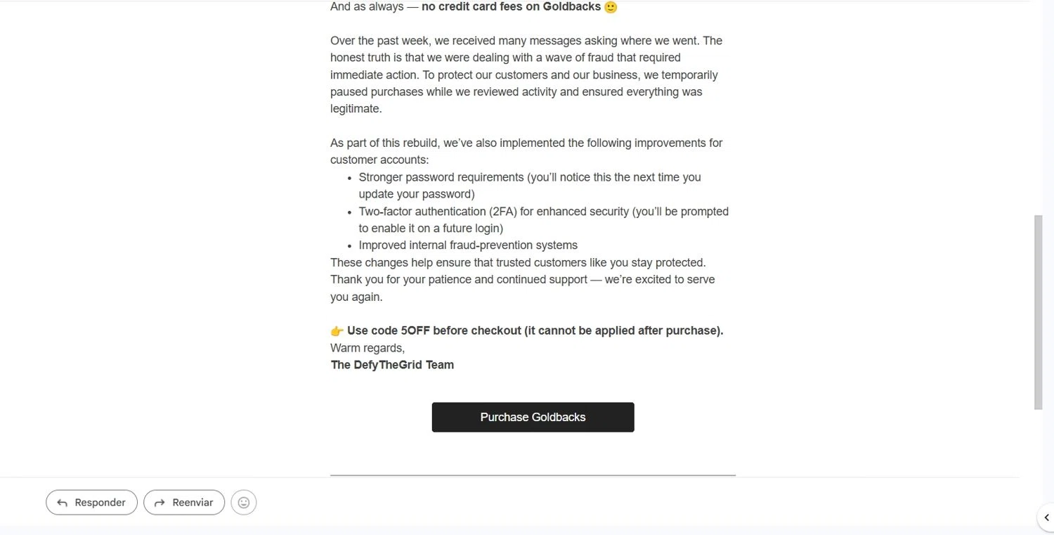 Defythegrid.com coupon code screenshot showing code 5OFF applied at Defythegrid.com checkout page. Uploaded by SimplyCodes community member Depressive on Dec 15, 2025
