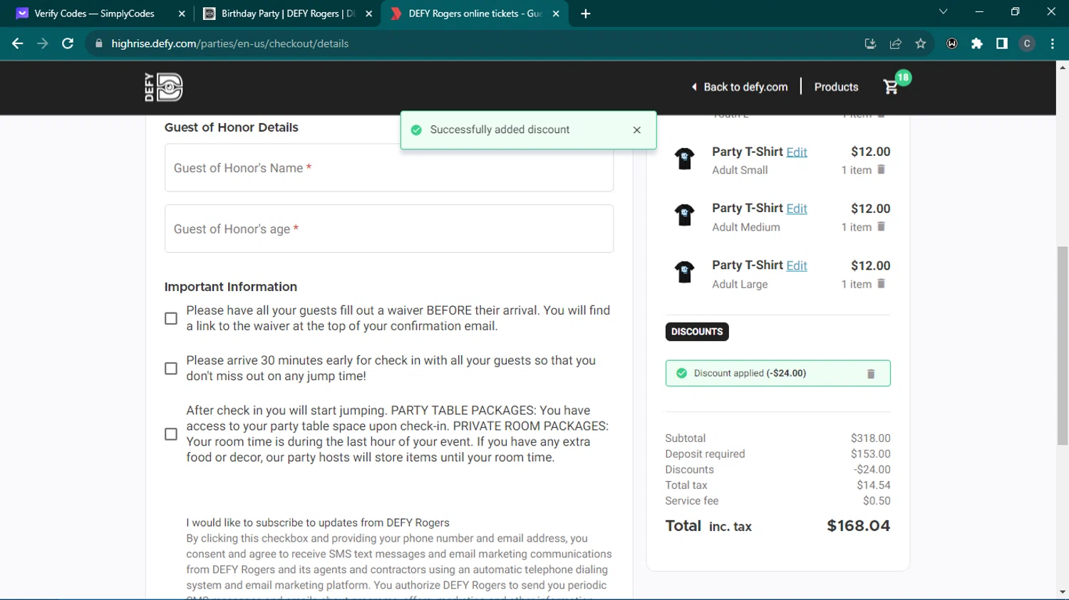 DEFY Trampoline Parks checkout page showing DEFY Trampoline Parks promo code box | Screenshot taken by SimplyCodes community member on Dec 7, 2023