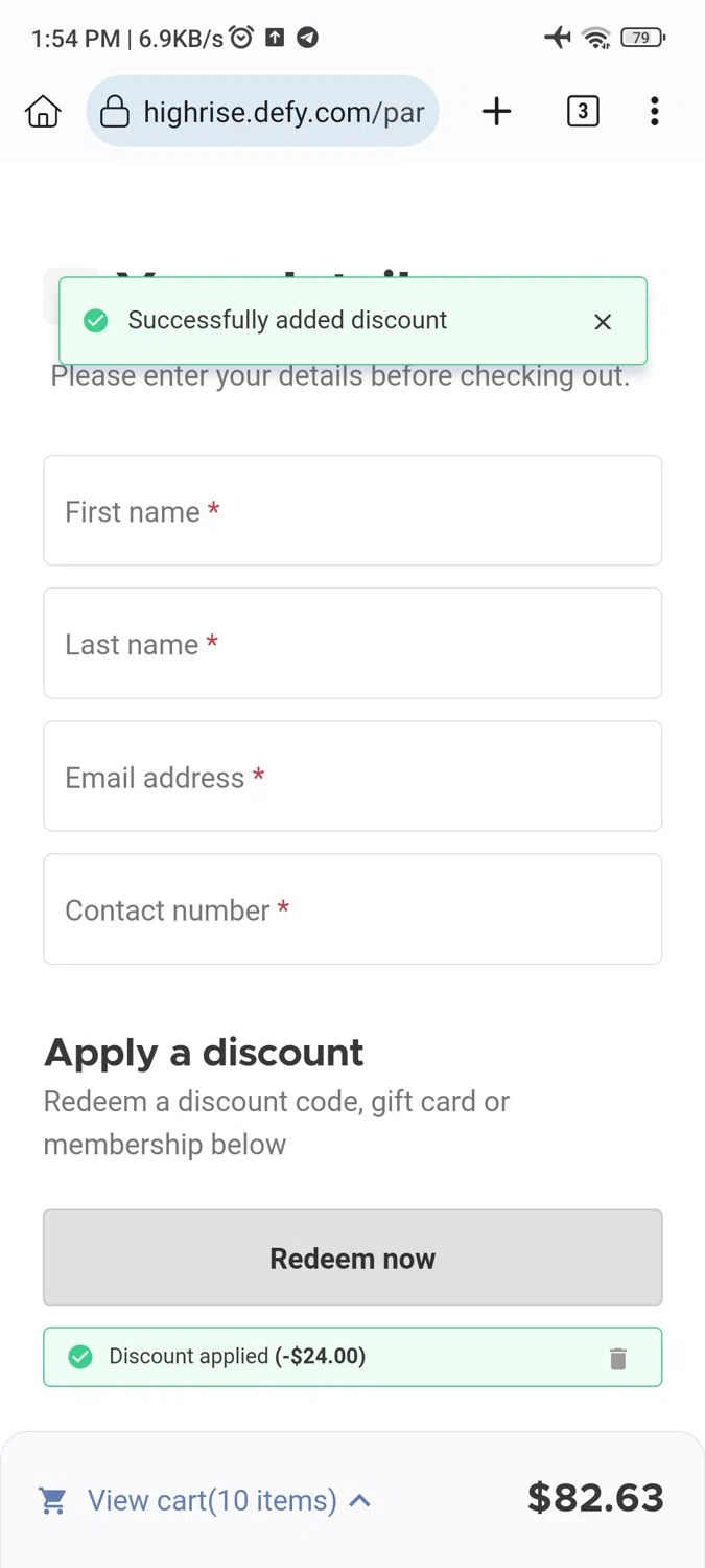 DEFY Trampoline Parks checkout page showing DEFY Trampoline Parks promo code box | Screenshot taken by SimplyCodes community member on Nov 27, 2023