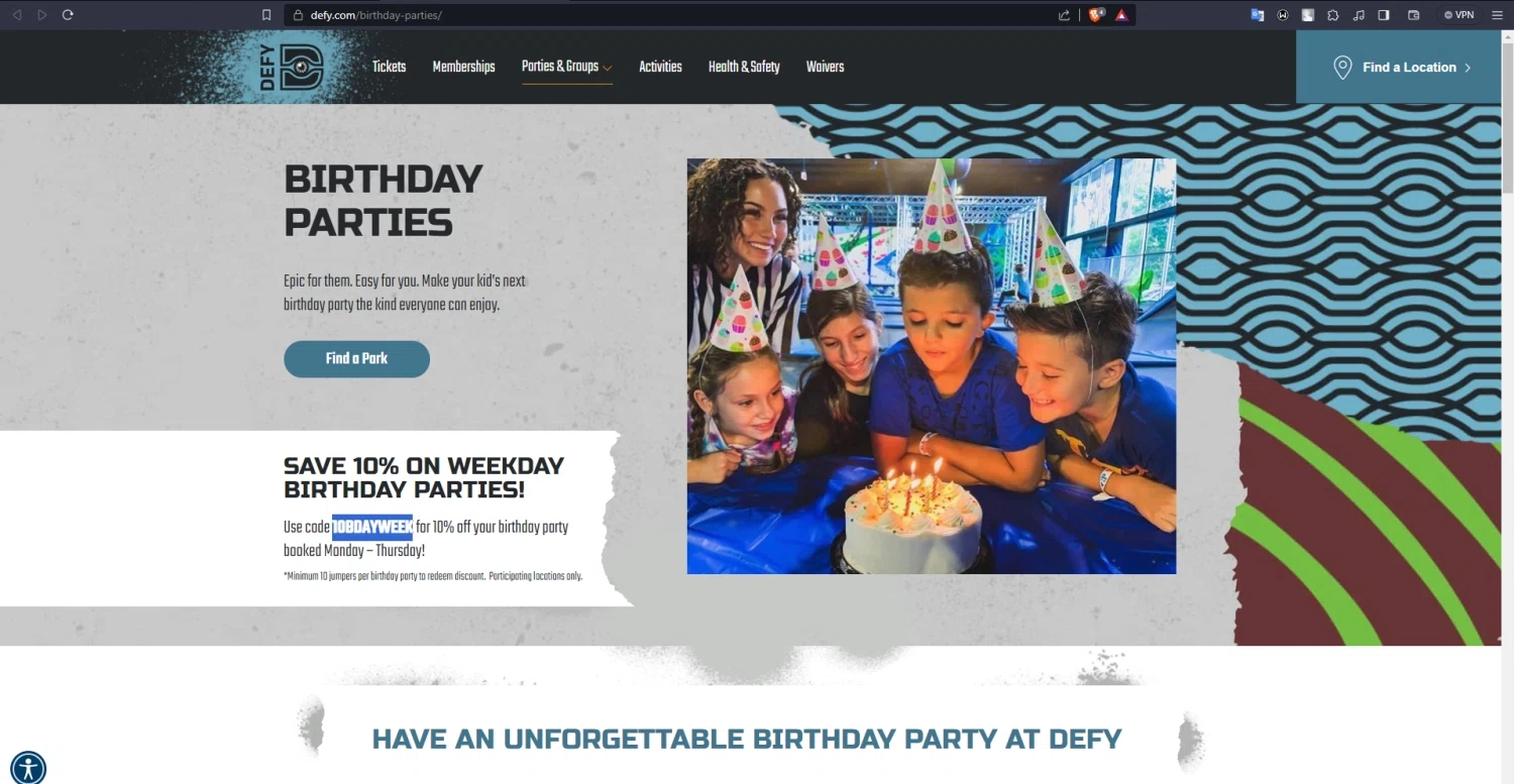 DEFY Trampoline Parks checkout page showing DEFY Trampoline Parks promo code box | Screenshot taken by SimplyCodes community member on Aug 31, 2023