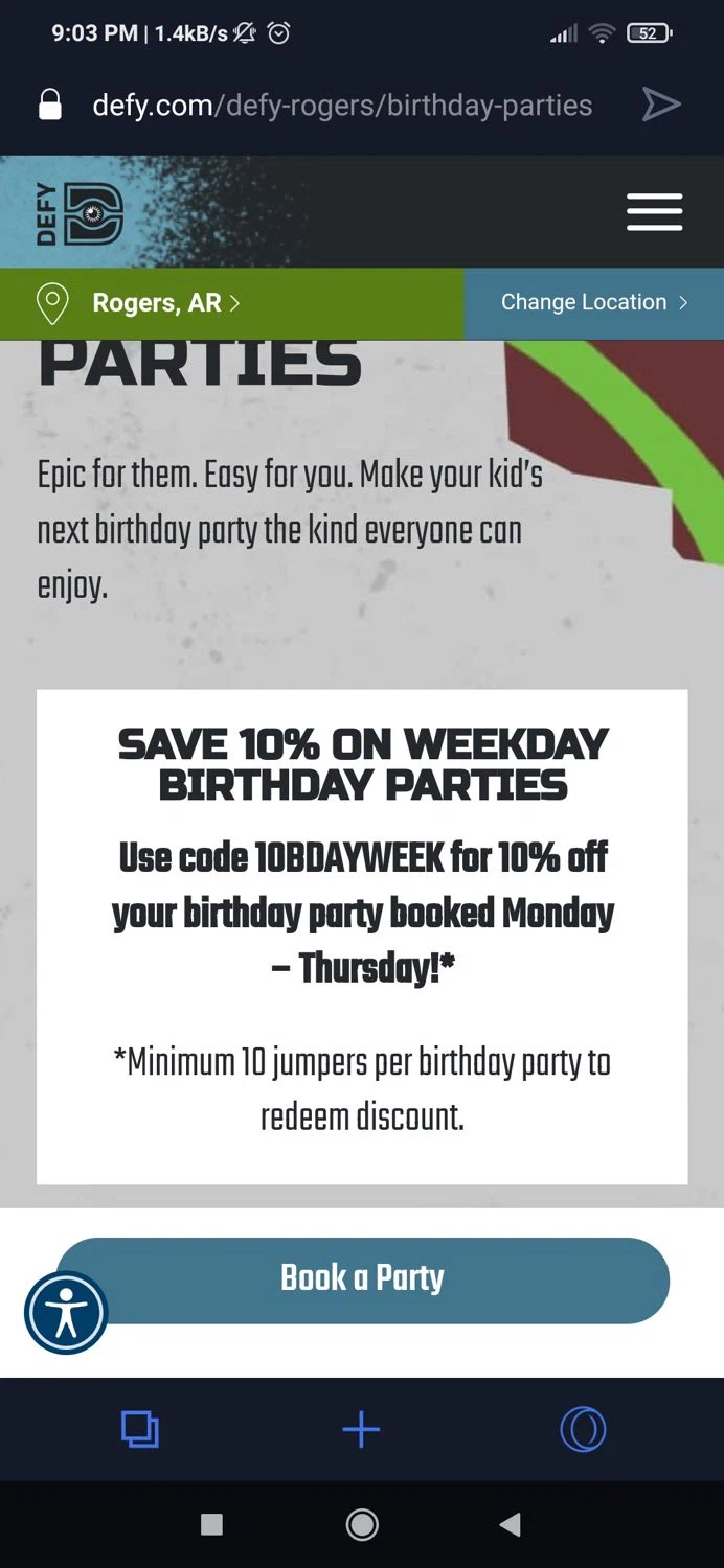 DEFY Trampoline Parks checkout page showing DEFY Trampoline Parks promo code box | Screenshot taken by SimplyCodes community member on Nov 4, 2023