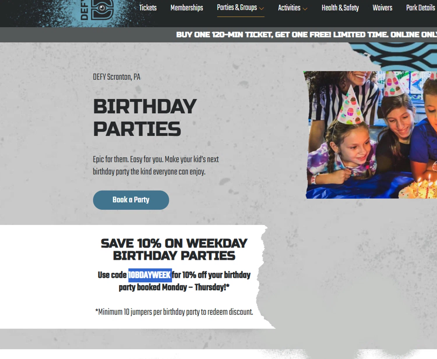DEFY Trampoline Parks promo code screenshot showing code 10BDAYWEEK applied at DEFY Trampoline Parks checkout page. Uploaded by SimplyCodes community member Dejadepicharme on Jan 28, 2026
