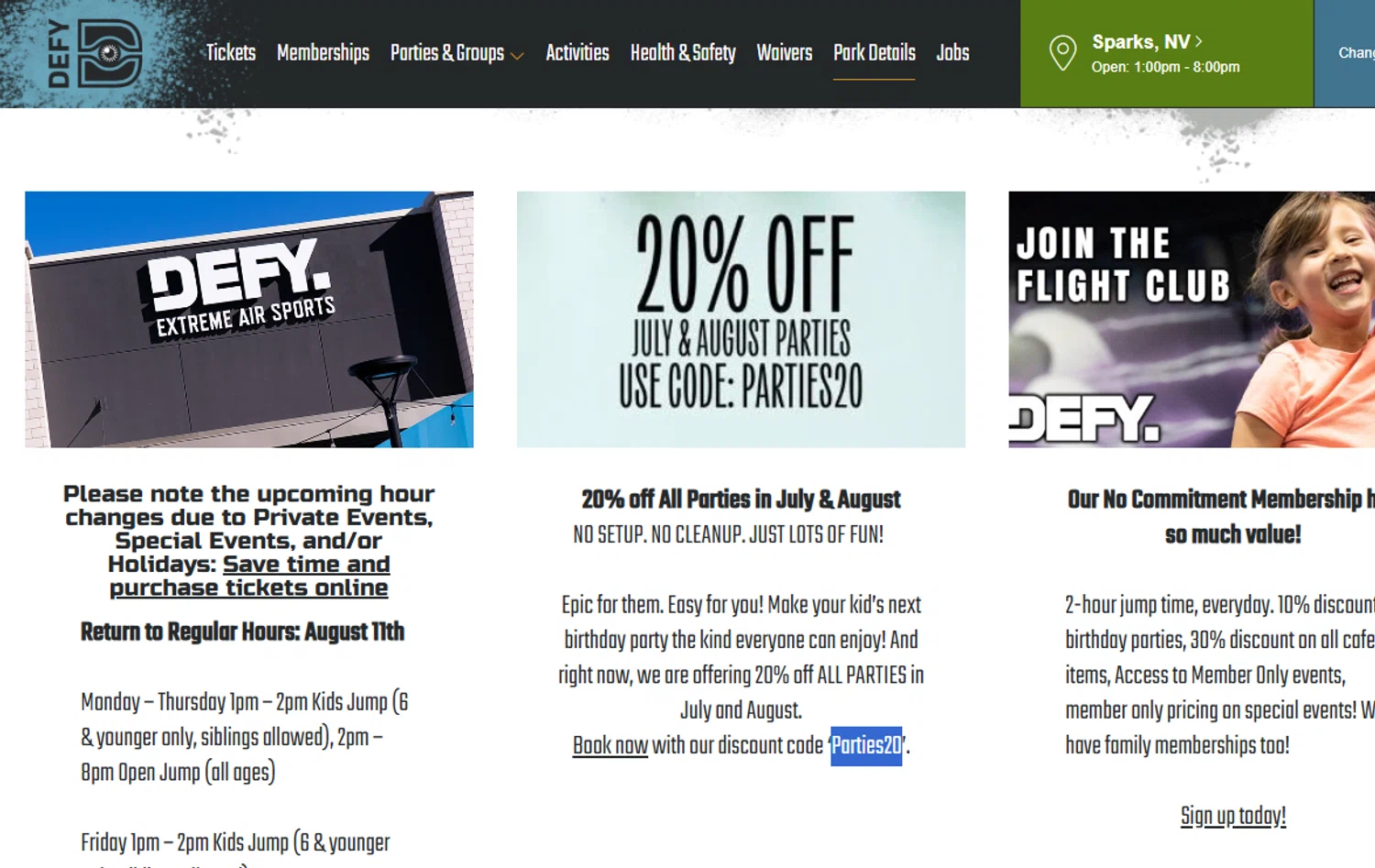 DEFY Trampoline Parks promo code screenshot showing code Parties20 applied at DEFY Trampoline Parks checkout page. Uploaded by SimplyCodes community member Dejadepicharme on Aug 26, 2025