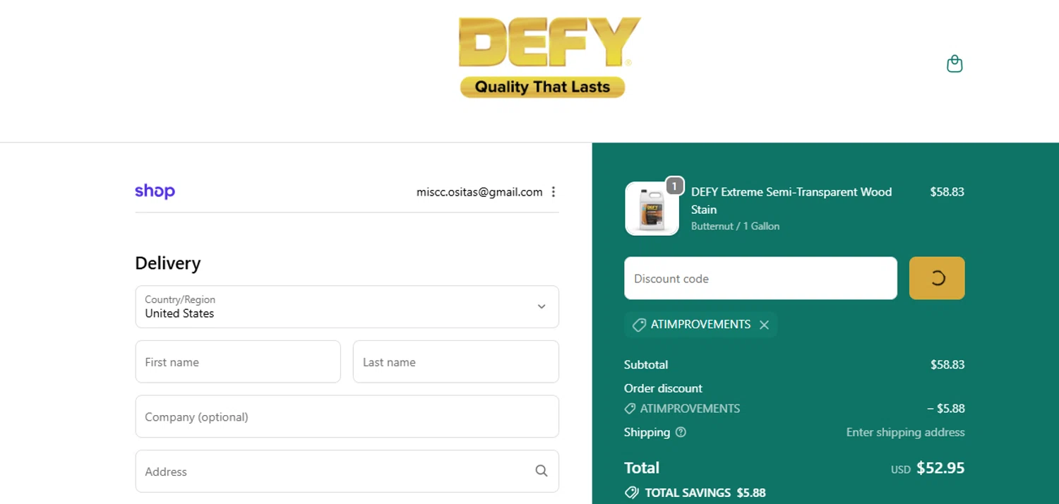 DEFY Wood Stain promo code screenshot showing code ATIMPROVEMENTS applied at DEFY Wood Stain checkout page. Uploaded by SimplyCodes community member BrilliantFalcon6936 on Nov 4, 2025