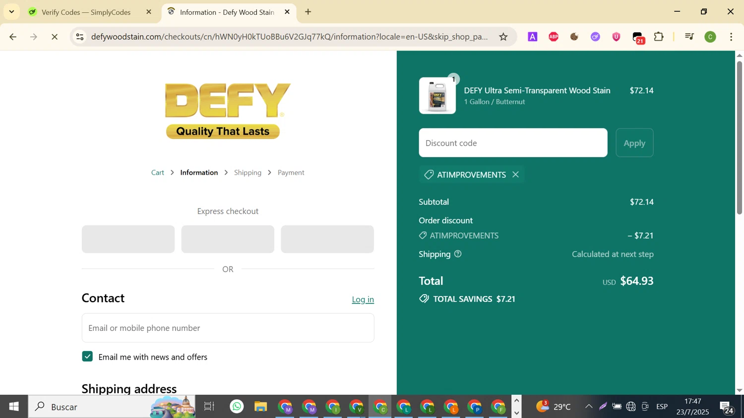 DEFY Wood Stain promo code screenshot showing code ATIMPROVEMENTS applied at DEFY Wood Stain checkout page. Uploaded by SimplyCodes community member DealHunter2862 on Jul 23, 2025