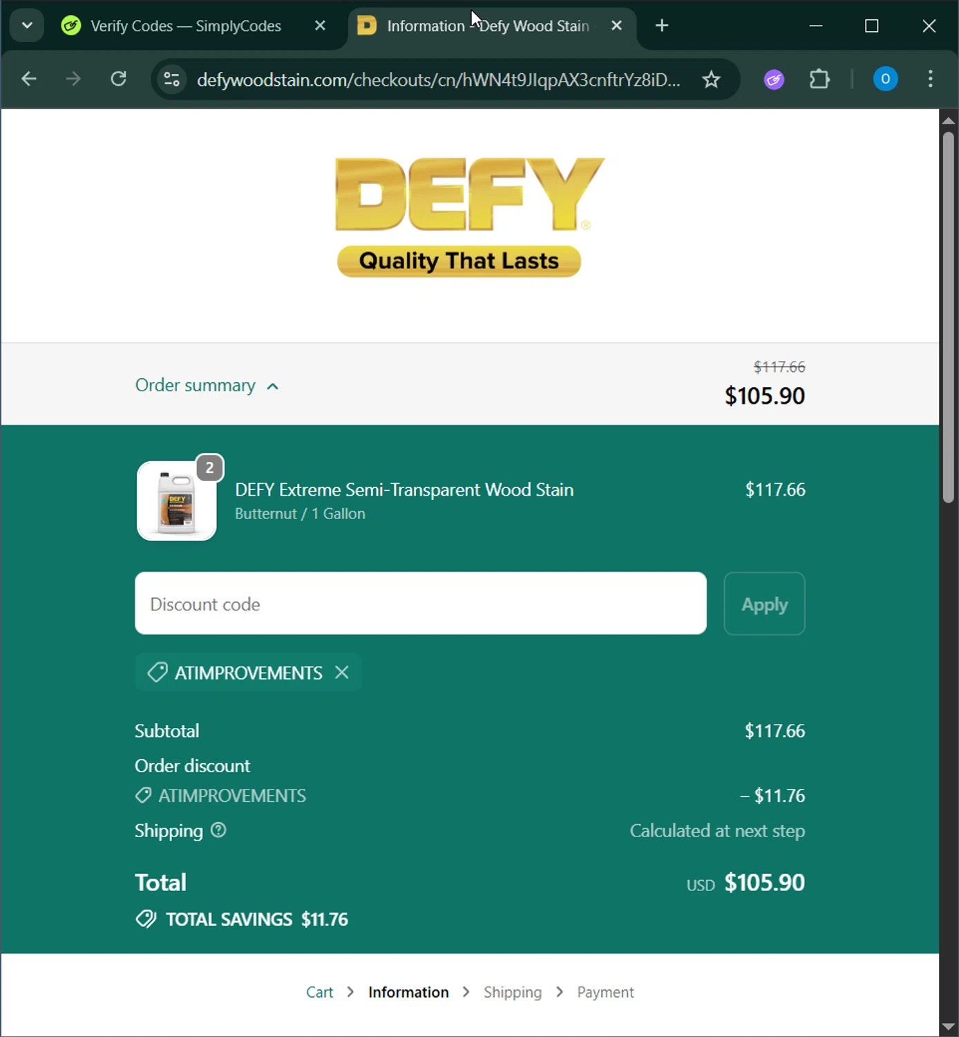 DEFY Wood Stain promo code screenshot showing code ATIMPROVEMENTS applied at DEFY Wood Stain checkout page. Uploaded by SimplyCodes community member GoldChaser6627 on Nov 4, 2025
