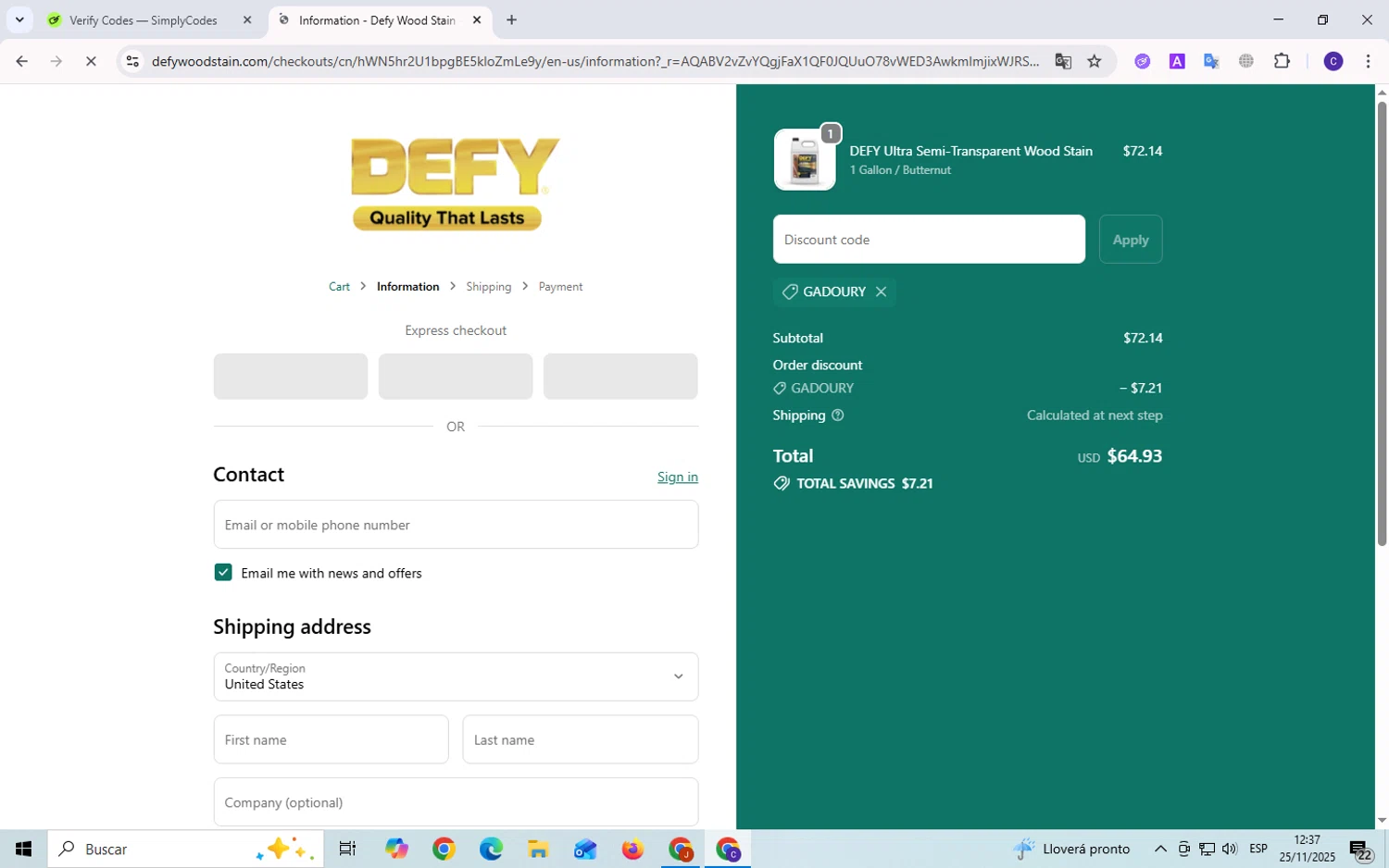 DEFY Wood Stain promo code screenshot showing code GADOURY applied at DEFY Wood Stain checkout page. Uploaded by SimplyCodes community member Elvistrofia on Nov 25, 2025
