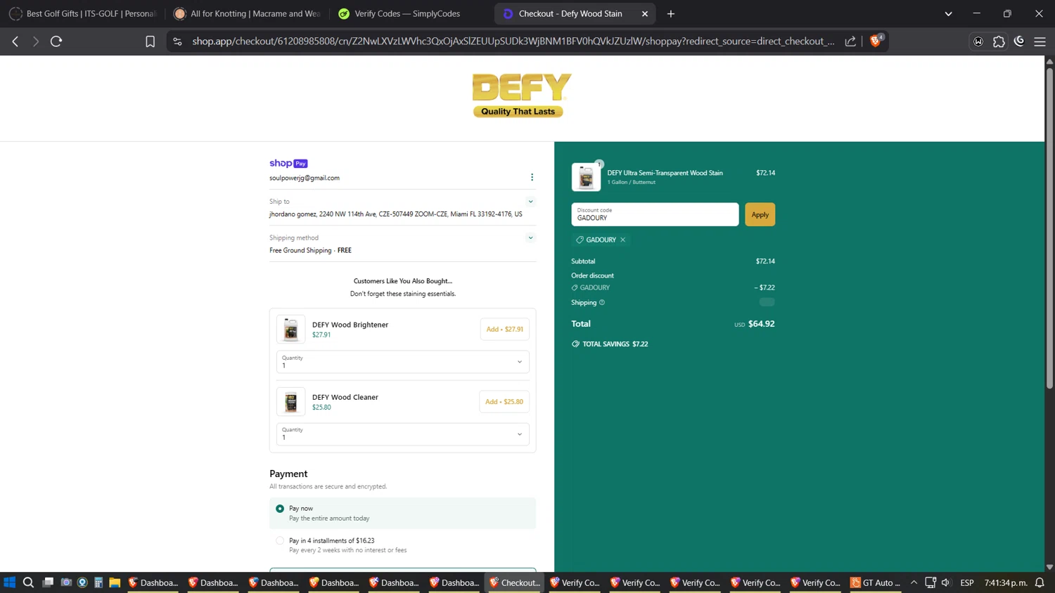 DEFY Wood Stain promo code screenshot showing code GADOURY applied at DEFY Wood Stain checkout page. Uploaded by SimplyCodes community member Shizuku on May 16, 2025