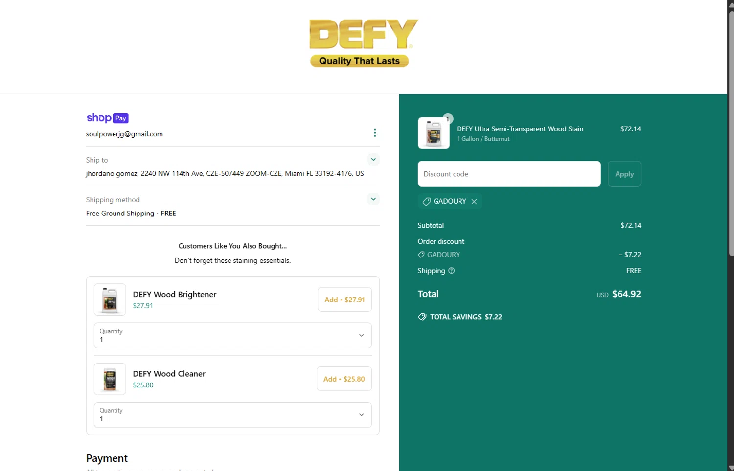 DEFY Wood Stain promo code screenshot showing code GADOURY applied at DEFY Wood Stain checkout page. Uploaded by SimplyCodes community member SimplyGOAT on May 16, 2025