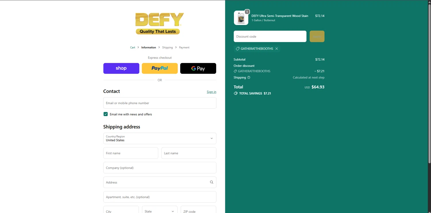 DEFY Wood Stain promo code screenshot showing code GATHERATTHEBOOTHS applied at DEFY Wood Stain checkout page. Uploaded by SimplyCodes community member Carlosramirez09 on Oct 23, 2025
