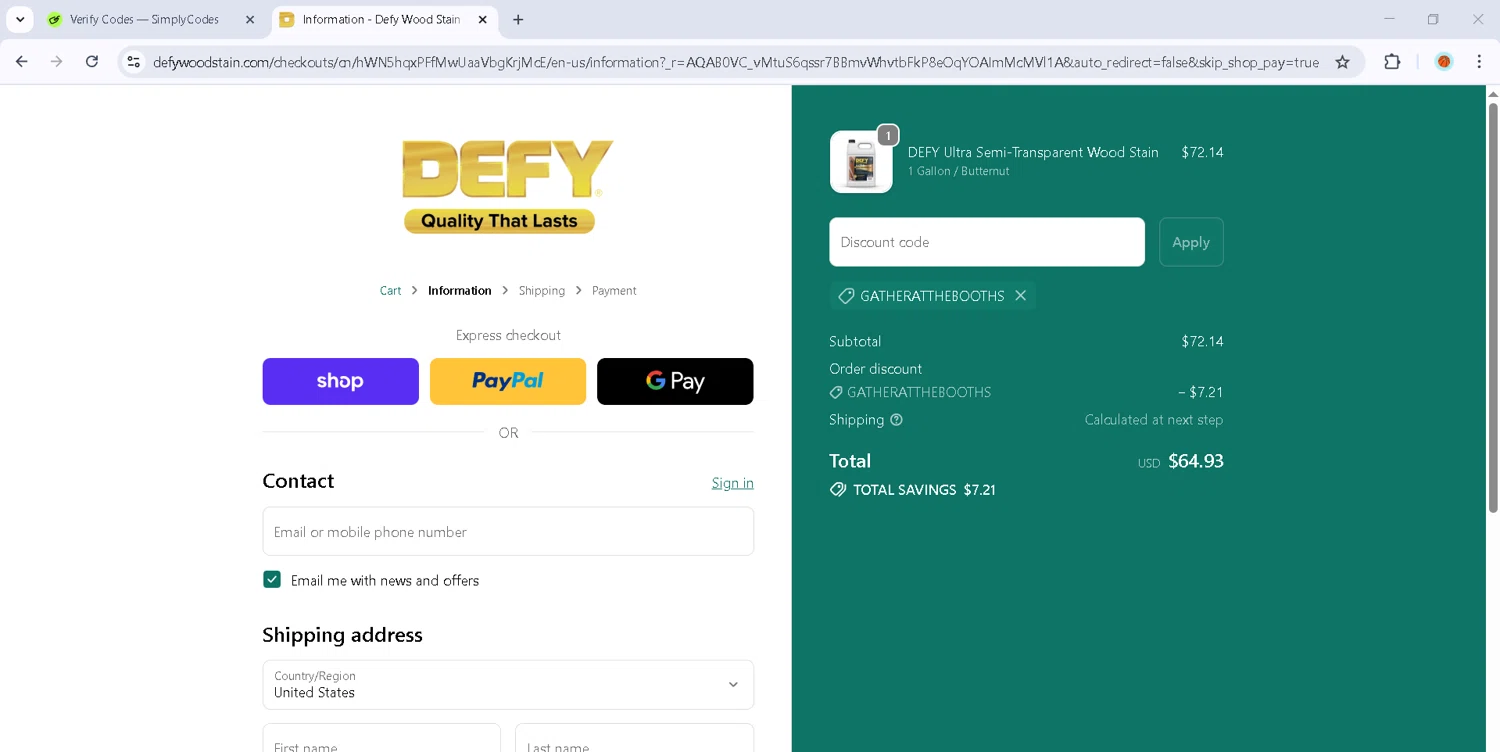 DEFY Wood Stain promo code screenshot showing code GATHERATTHEBOOTHS applied at DEFY Wood Stain checkout page. Uploaded by SimplyCodes community member Estefani4 on Nov 25, 2025