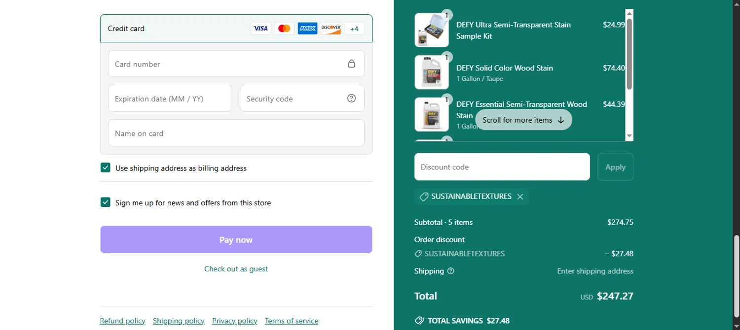 DEFY Wood Stain promo code screenshot showing code SUSTAINABLETEXTURES applied at DEFY Wood Stain checkout page. Uploaded by SimplyCodes community member noworries on Jun 26, 2025