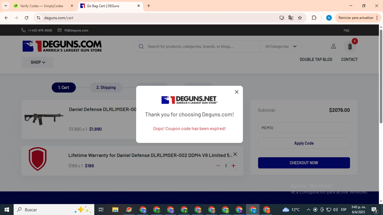 DE Guns promo code screenshot showing code MEM10 applied at DE Guns checkout page. Uploaded by SimplyCodes community member CoinHawk678 on Jun 6, 2025