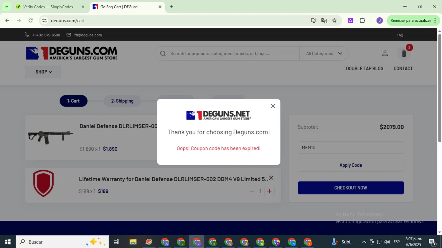 DE Guns promo code screenshot showing code MEM10 applied at DE Guns checkout page. Uploaded by SimplyCodes community member PromoHunter9043 on Jun 6, 2025