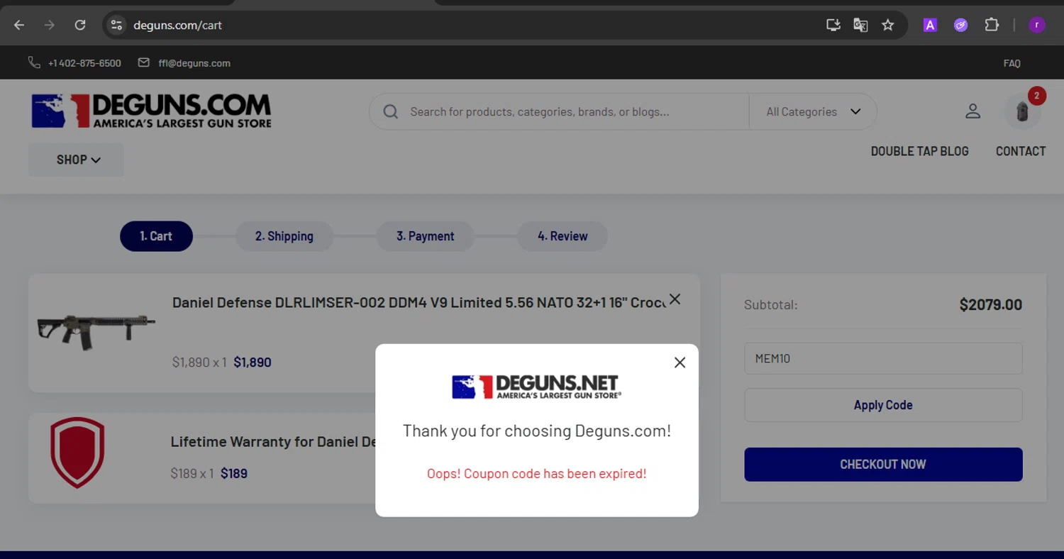 DE Guns promo code screenshot showing code MEM10 applied at DE Guns checkout page. Uploaded by SimplyCodes community member SmartVoyager1455 on Jun 6, 2025