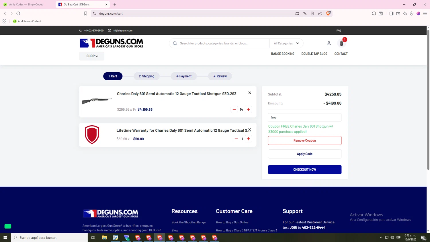 DE Guns promo code screenshot showing code free applied at DE Guns checkout page. Uploaded by SimplyCodes community member MRSATAN on Sep 16, 2025