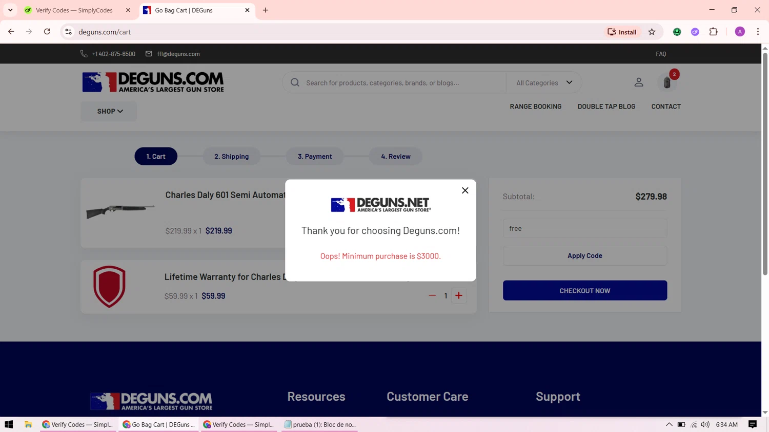 DE Guns promo code screenshot showing code free applied at DE Guns checkout page. Uploaded by SimplyCodes community member ShrewdMaverick9198 on Nov 14, 2025